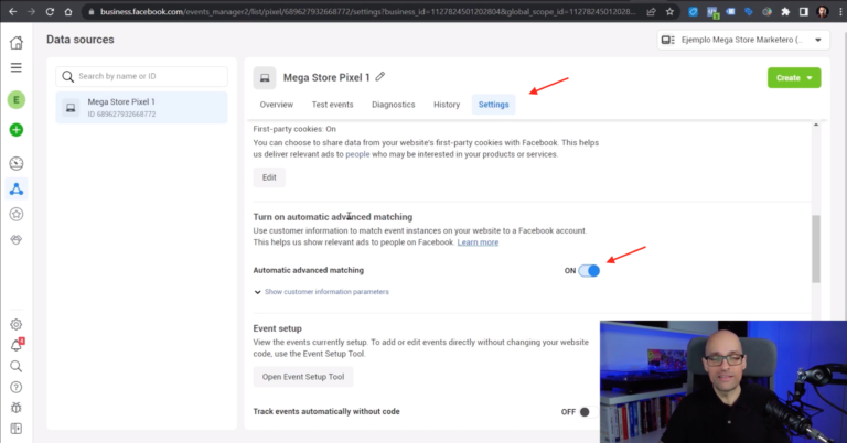 Haz click en “Settings” y active “Automatic advanced matching” en Mega Store Pixel 1