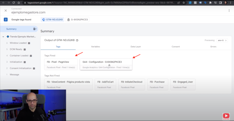 Previsualización de cómo tendría que aparecer el Pixel de Facebook y el evento en la verificación en Google Tag Manager