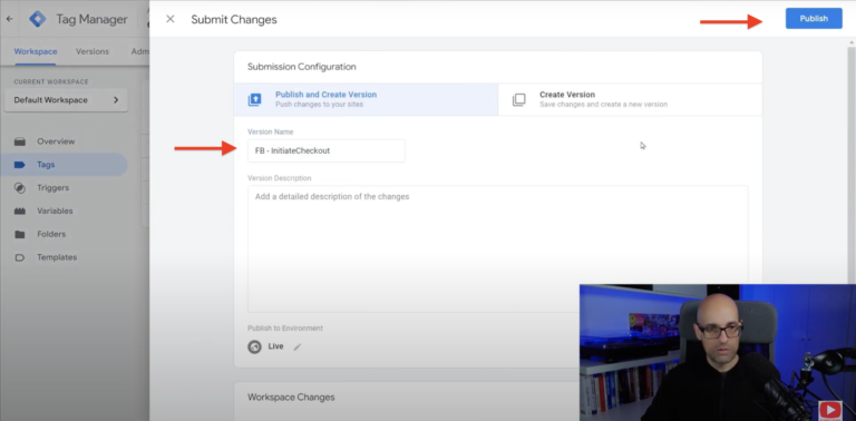 Guarda y publica los cambios realizados en Google Tag Manager del evento Inicio de Checkout