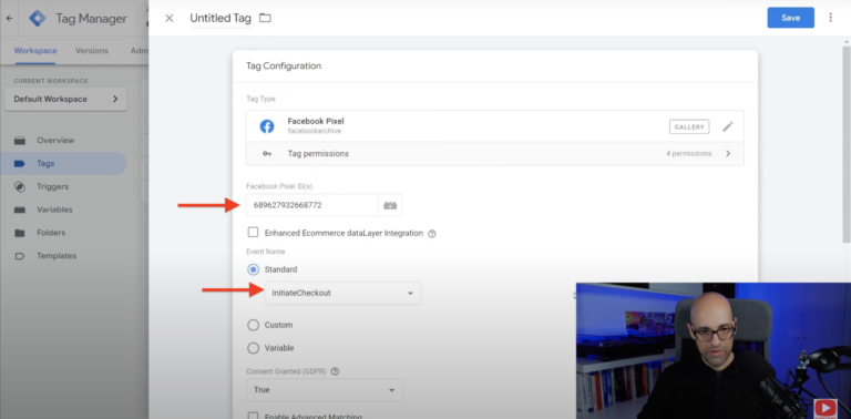 Pega el ID del pixel de Facebook en Google Tag Manager donde se indica y selecciona la opción de inicio de Checkout