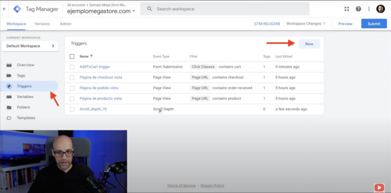 Ve al apartado Triggers en Google Tag Manager y haz clic en el botón azul de Nuevo.