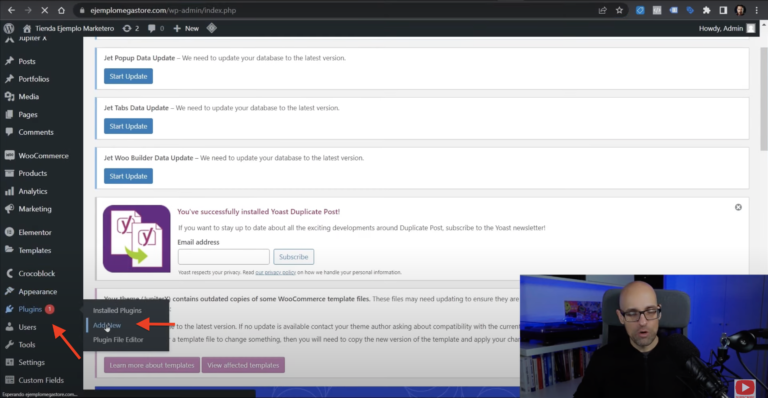 En la barra lateral de tu pa╠ügina de wordpress haz clic en Pluggins y crear nuevo